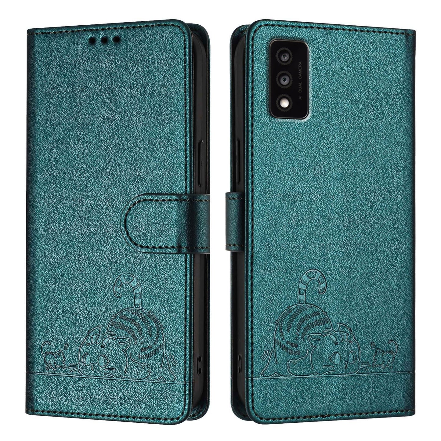 TCL 30T T603DL Cat and Rat Embossed Pattern, RFID Leather Phone Case with Lanyard, Kickstand, and Wallet Features