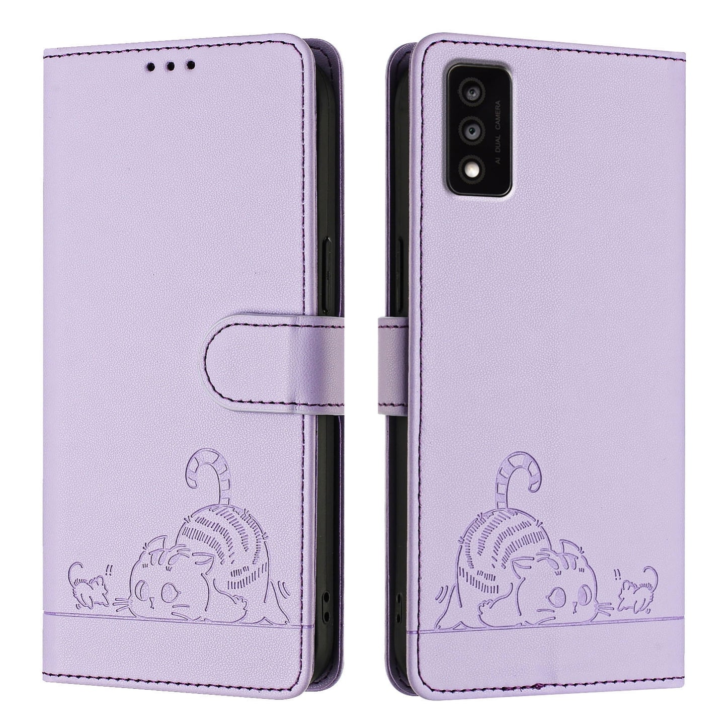 TCL 30T T603DL Cat and Rat Embossed Pattern, RFID Leather Phone Case with Lanyard, Kickstand, and Wallet Features