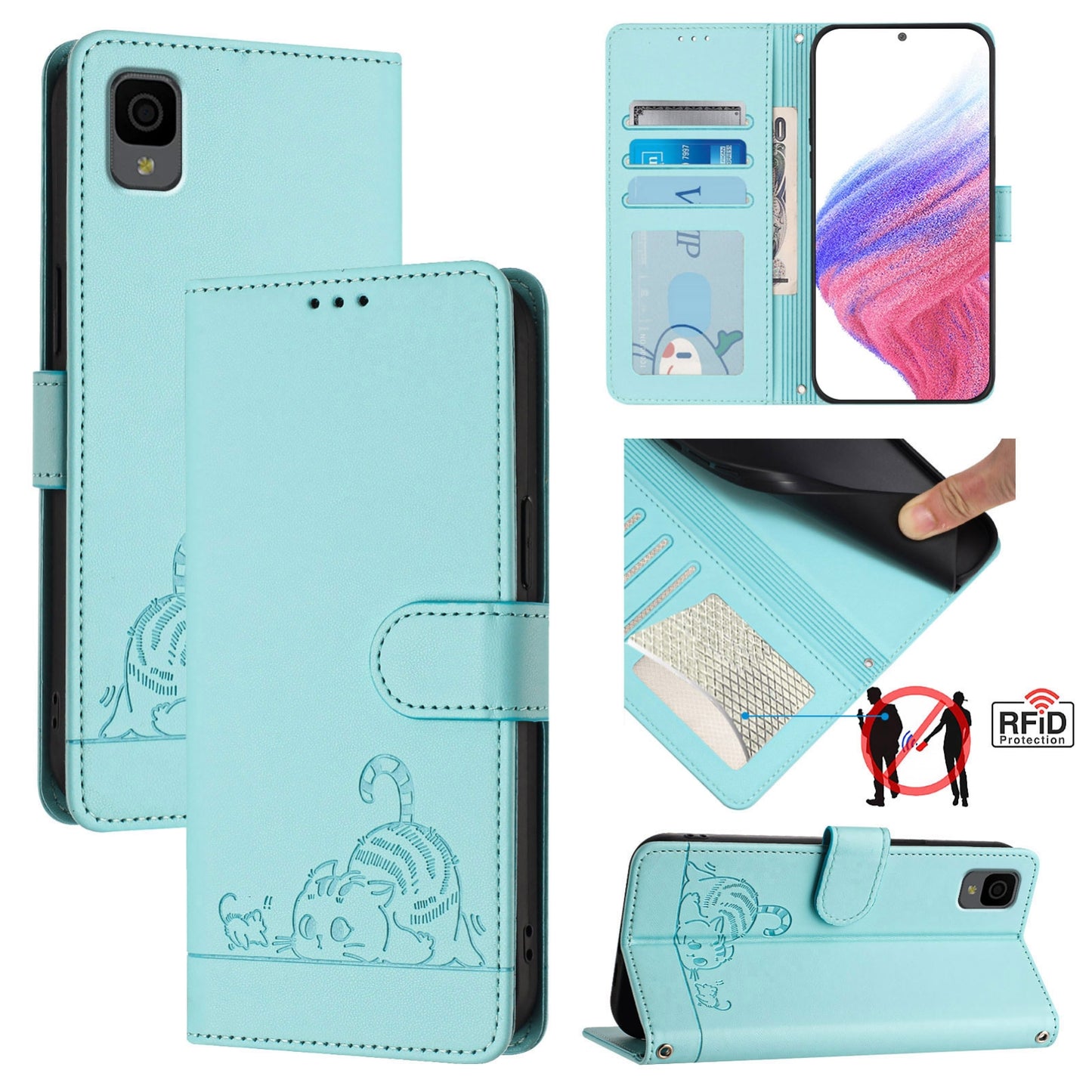 TCL 30Z T602DL Cat and Rat Embossed Pattern, RFID Leather Phone Case with Lanyard, Kickstand, and Wallet Features