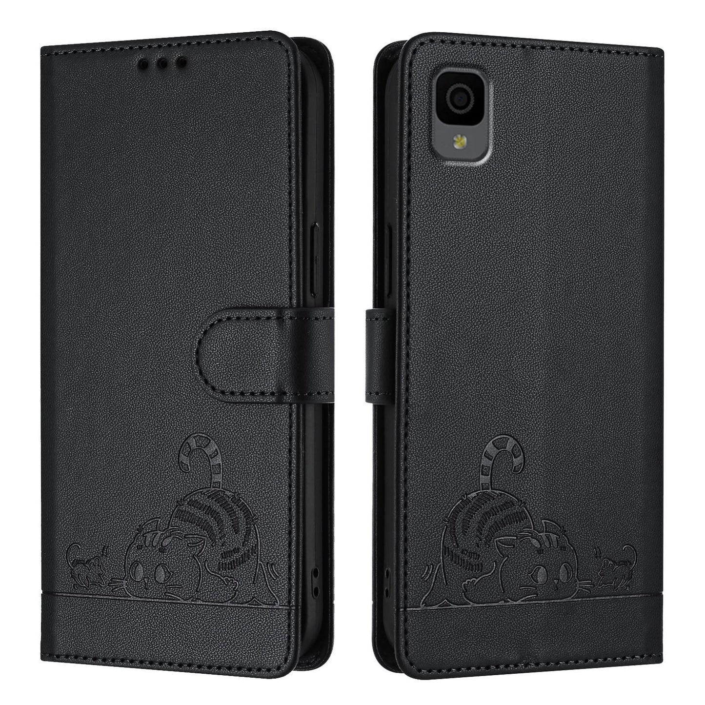 TCL 30Z T602DL Cat and Rat Embossed Pattern, RFID Leather Phone Case with Lanyard, Kickstand, and Wallet Features