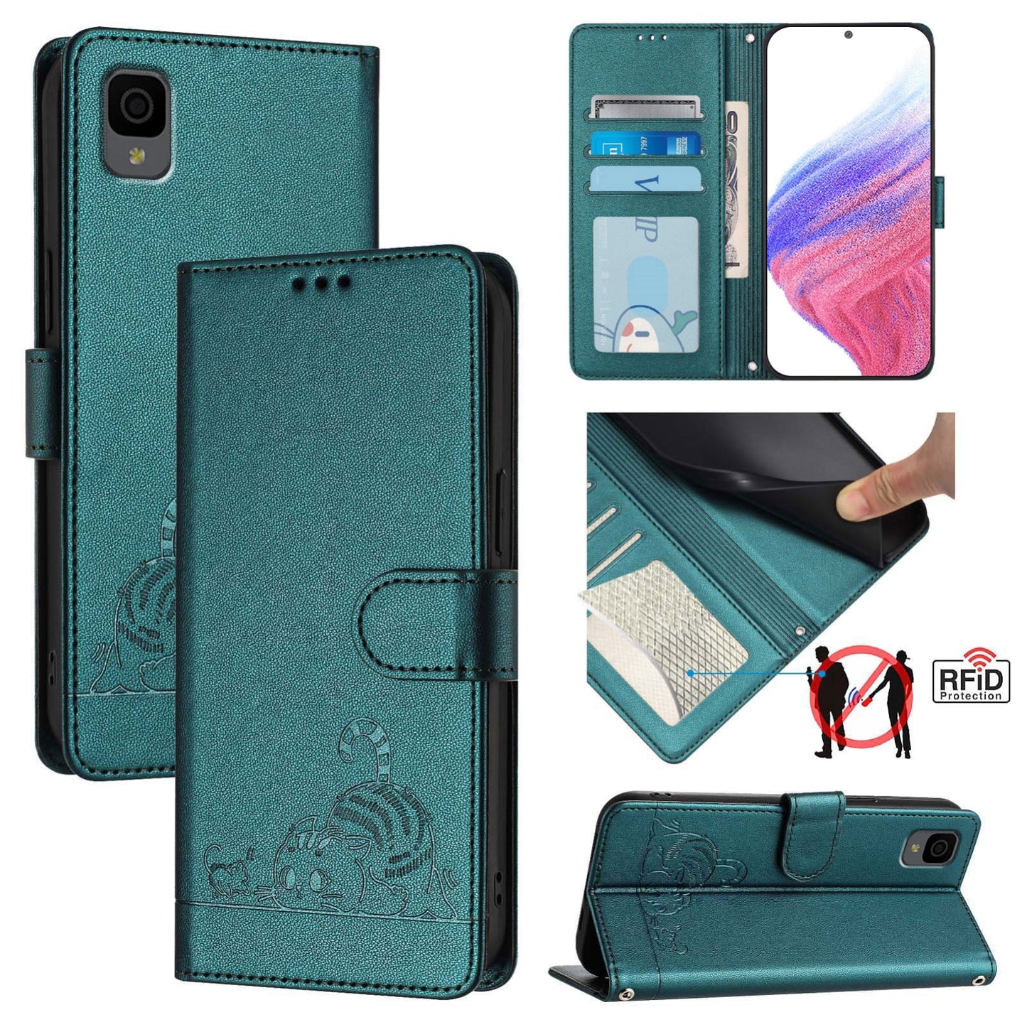 TCL 30Z T602DL Cat and Rat Embossed Pattern, RFID Leather Phone Case with Lanyard, Kickstand, and Wallet Features