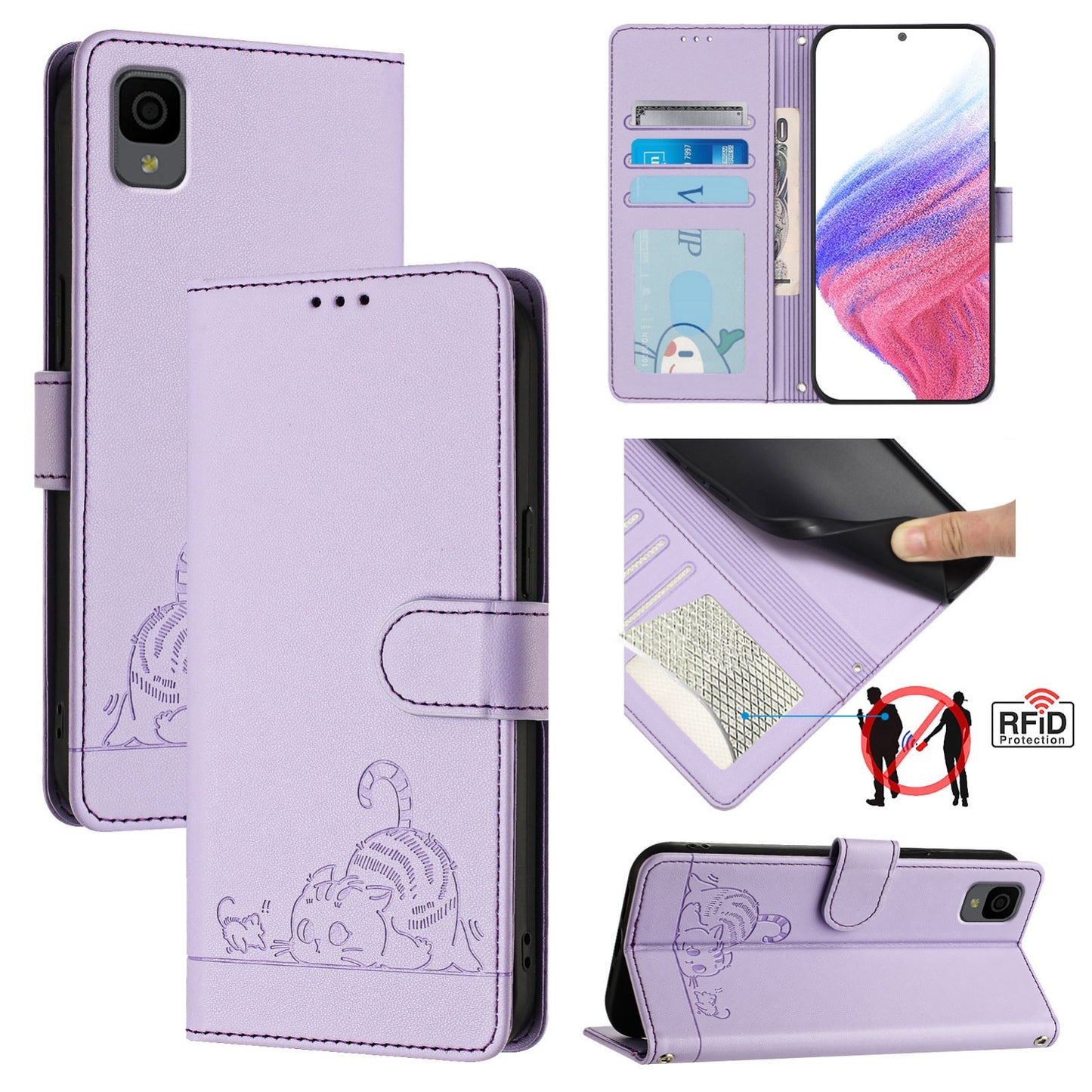 TCL 30Z T602DL Cat and Rat Embossed Pattern, RFID Leather Phone Case with Lanyard, Kickstand, and Wallet Features