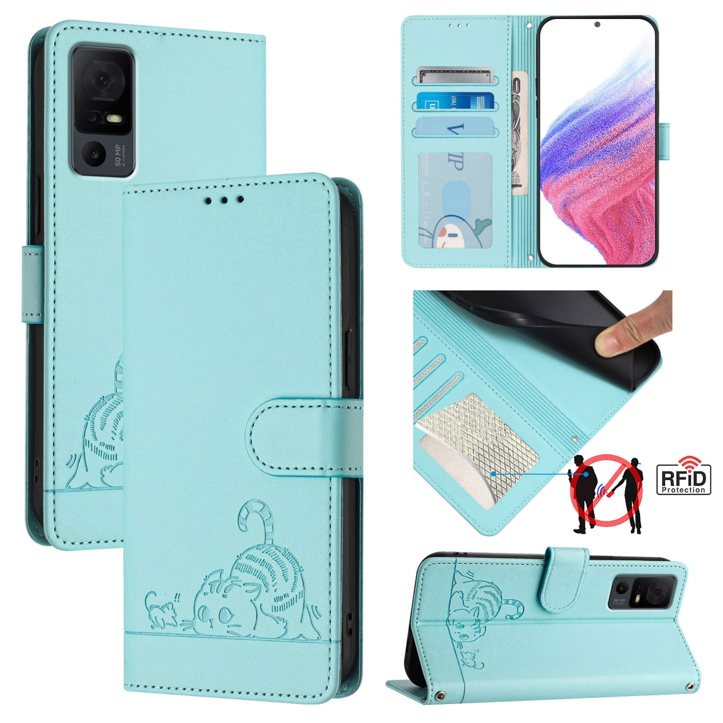 TCL 40 XL Cat and Rat Embossed Pattern, RFID Leather Phone Case with Lanyard, Kickstand, and Wallet Features