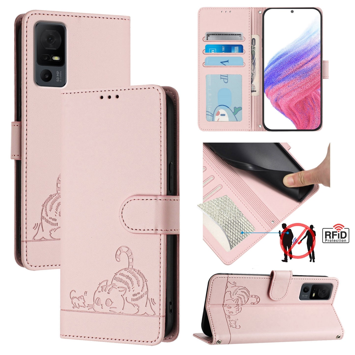 TCL 40 XL Cat and Rat Embossed Pattern, RFID Leather Phone Case with Lanyard, Kickstand, and Wallet Features