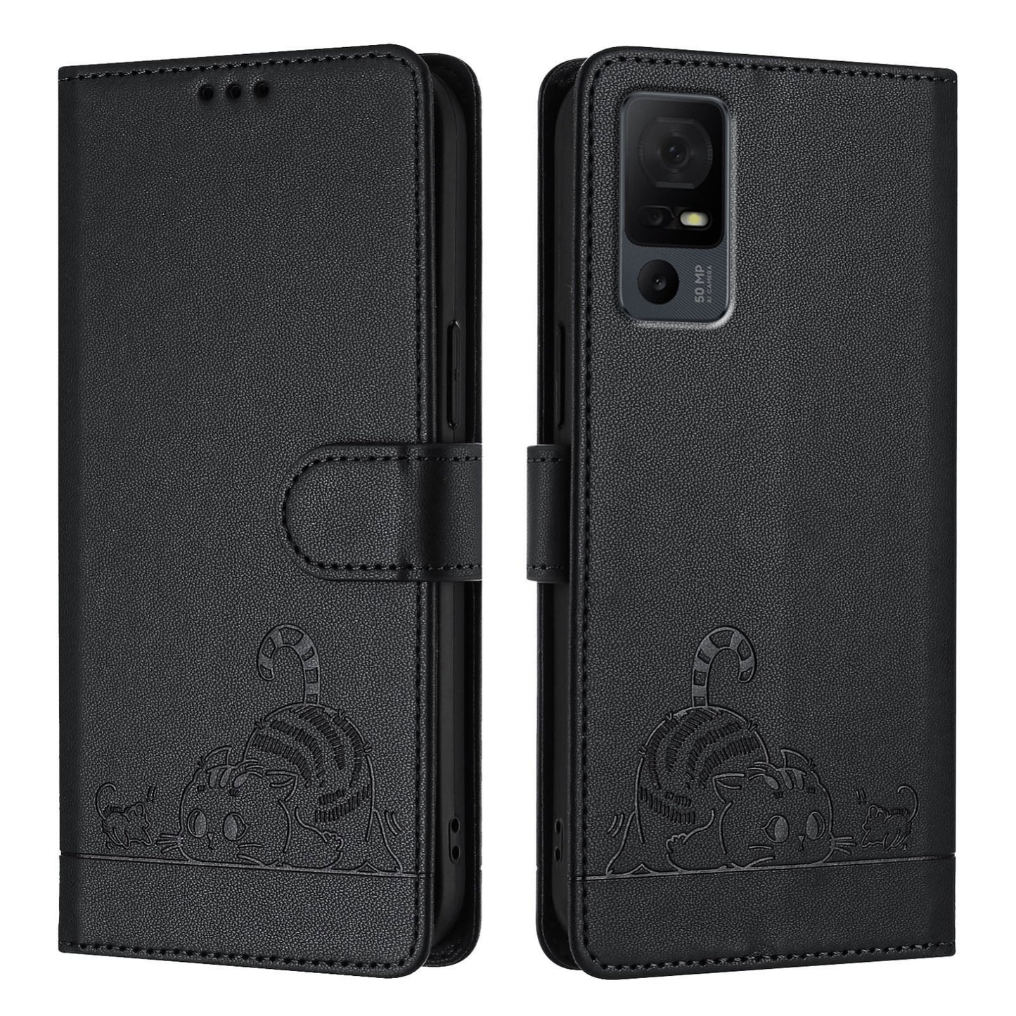 TCL 40 XL Cat and Rat Embossed Pattern, RFID Leather Phone Case with Lanyard, Kickstand, and Wallet Features