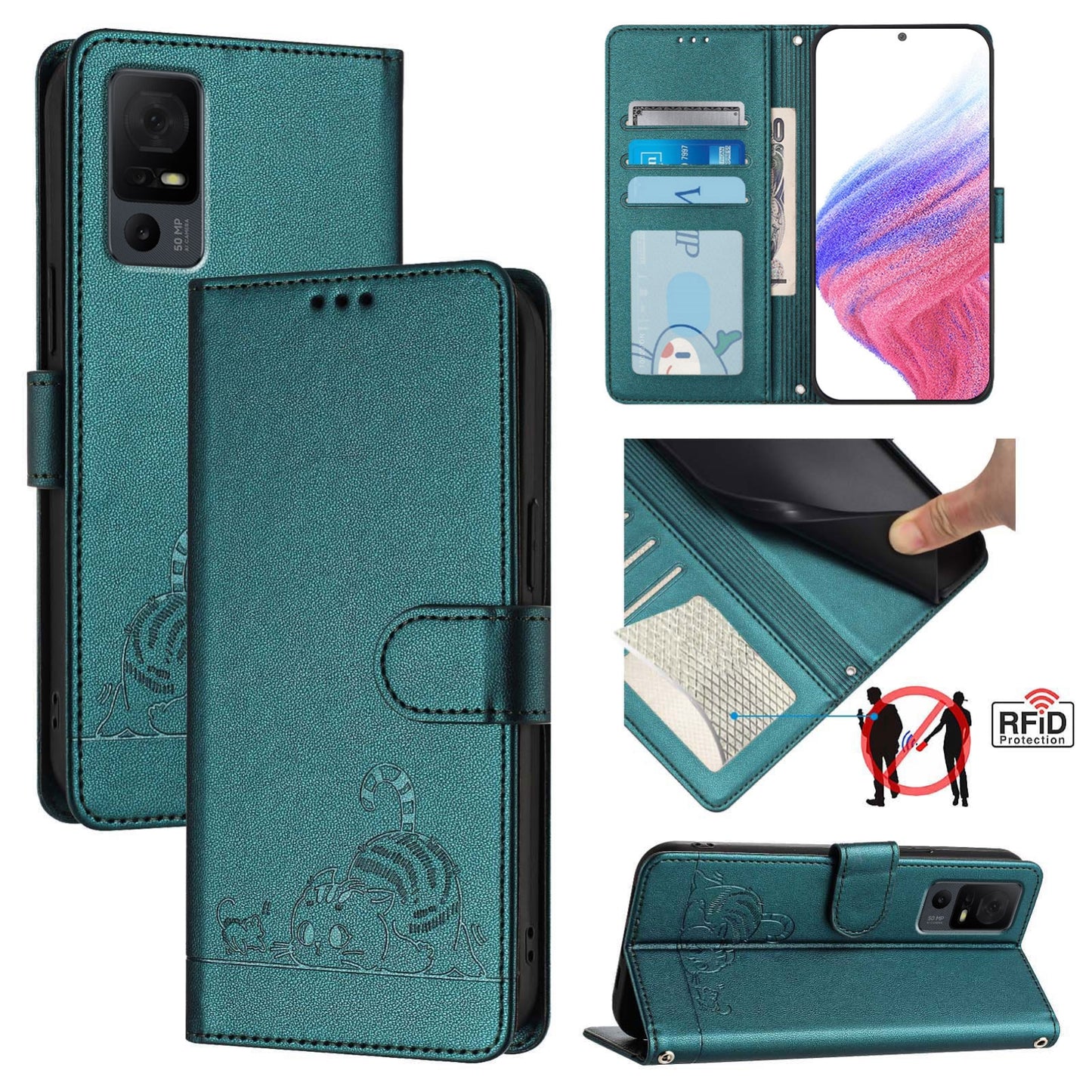 TCL 40 T T608DL Cat and Rat Embossed Pattern, RFID Leather Phone Case with Lanyard, Kickstand, and Wallet Features