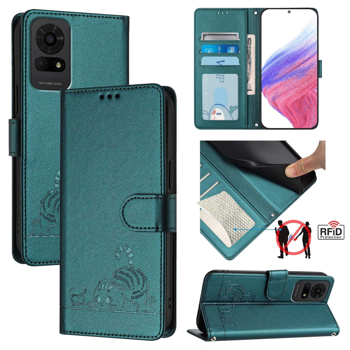 TCL 50 LE 5G Cat and Rat Embossed Pattern, RFID Leather Phone Case with Lanyard, Kickstand, and Wallet Features