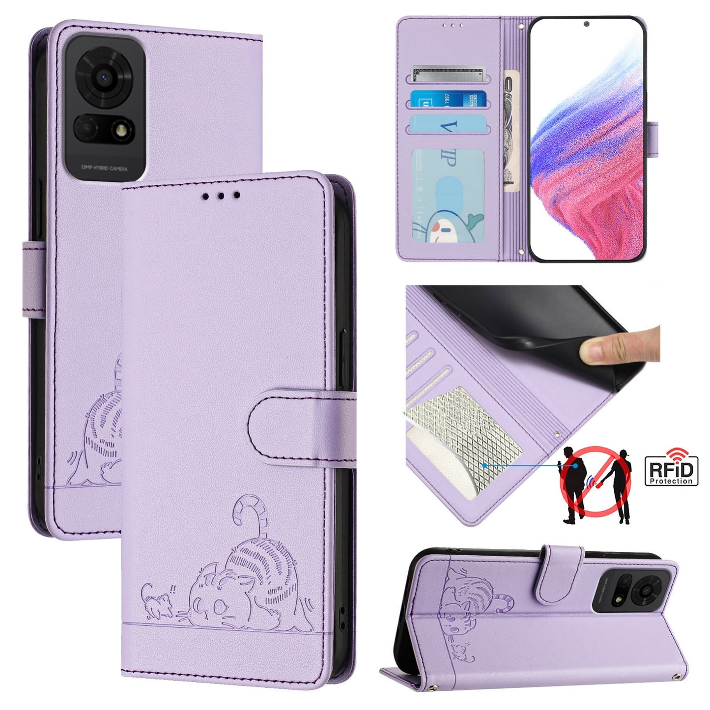 TCL 50 LE 5G Cat and Rat Embossed Pattern, RFID Leather Phone Case with Lanyard, Kickstand, and Wallet Features