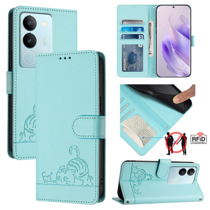 vivo V29 5G Global Cat and Rat Embossed Pattern, RFID Leather Phone Case with Lanyard, Kickstand, and Wallet Features