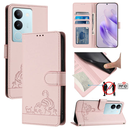 vivo V29 5G Global Cat and Rat Embossed Pattern, RFID Leather Phone Case with Lanyard, Kickstand, and Wallet Features