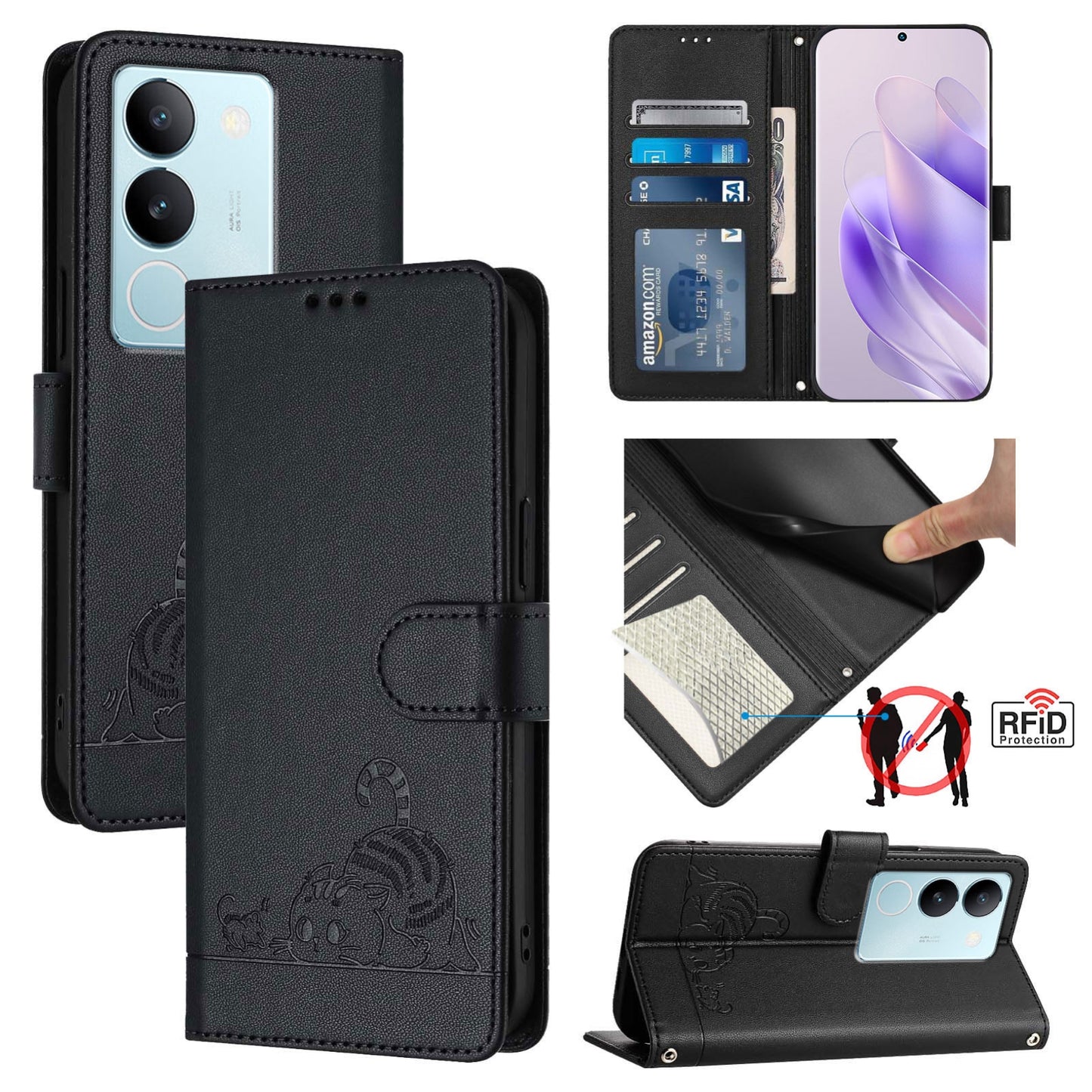 vivo V29 5G Global Cat and Rat Embossed Pattern, RFID Leather Phone Case with Lanyard, Kickstand, and Wallet Features