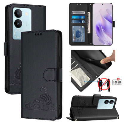 vivo V29 Pro Cat and Rat Embossed Pattern, RFID Leather Phone Case with Lanyard, Kickstand, and Wallet Features