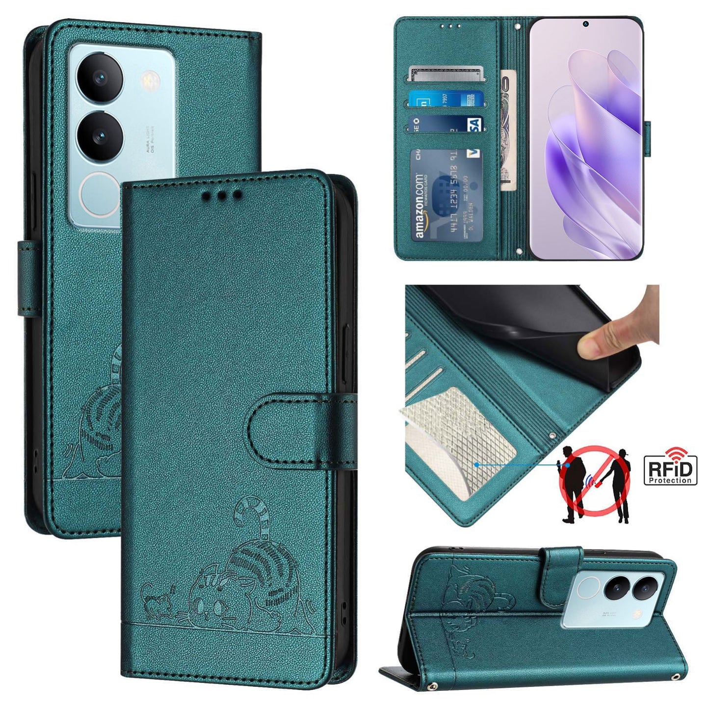 vivo V29 5G Global Cat and Rat Embossed Pattern, RFID Leather Phone Case with Lanyard, Kickstand, and Wallet Features