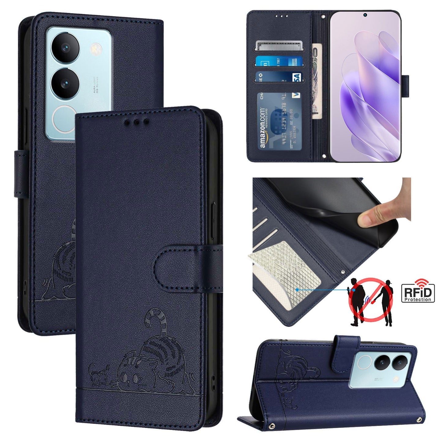 vivo V29 5G Global Cat and Rat Embossed Pattern, RFID Leather Phone Case with Lanyard, Kickstand, and Wallet Features