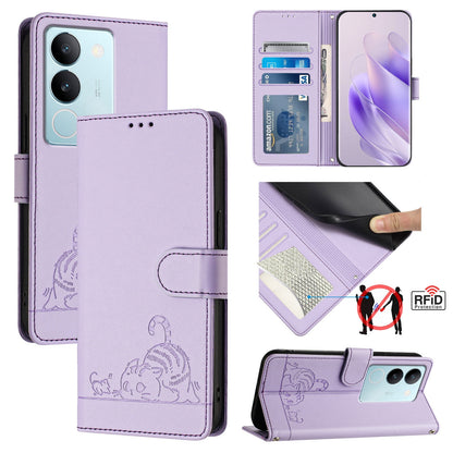 vivo V29 5G Global Cat and Rat Embossed Pattern, RFID Leather Phone Case with Lanyard, Kickstand, and Wallet Features