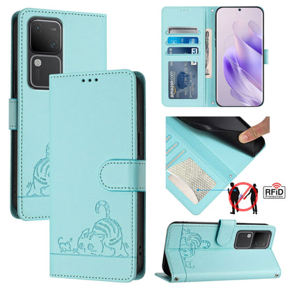 vivo V30 5G Global Cat and Rat Embossed Pattern, RFID Leather Phone Case with Lanyard, Kickstand, and Wallet Features