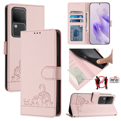 vivo V30 5G Global Cat and Rat Embossed Pattern, RFID Leather Phone Case with Lanyard, Kickstand, and Wallet Features