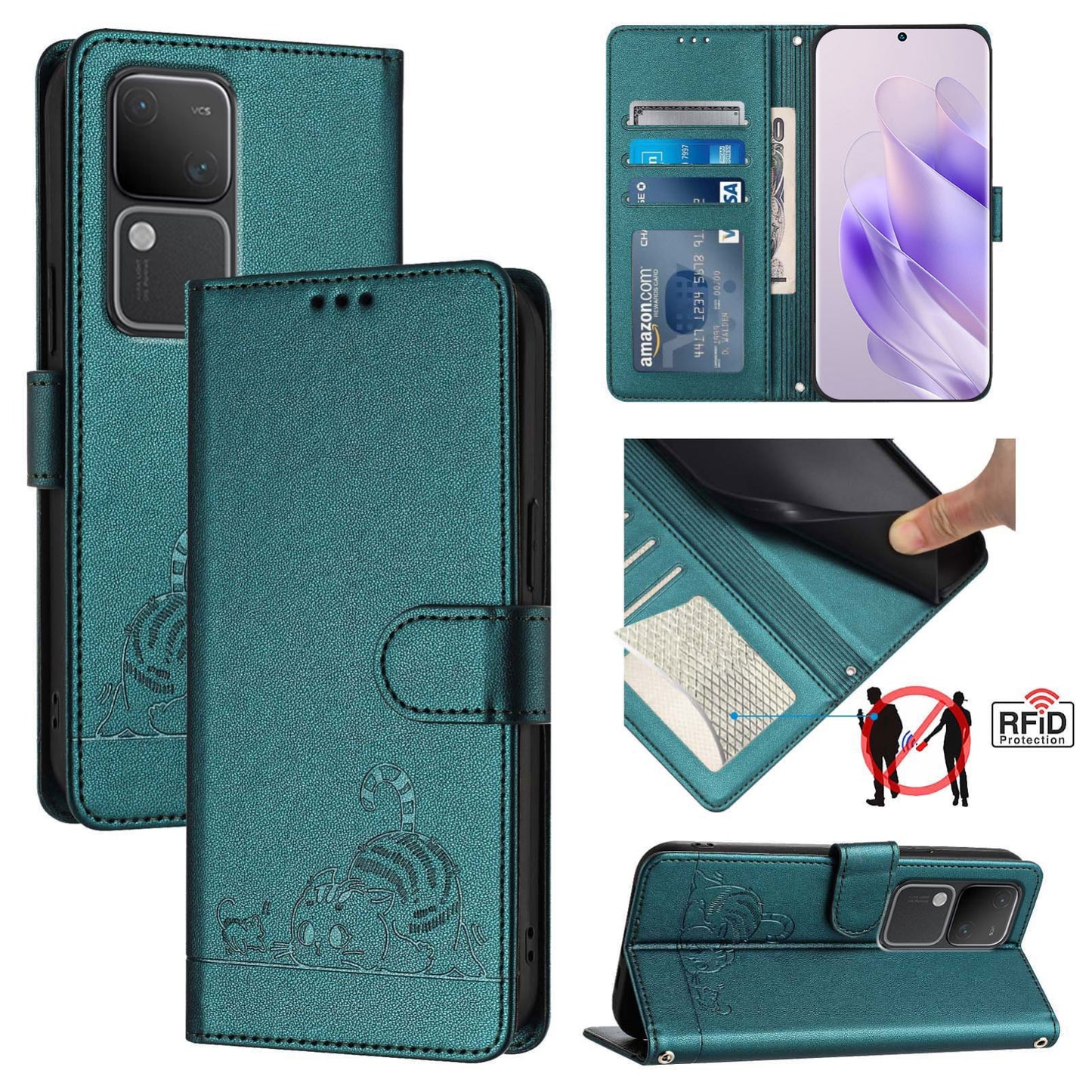 vivo V30 5G Global Cat and Rat Embossed Pattern, RFID Leather Phone Case with Lanyard, Kickstand, and Wallet Features