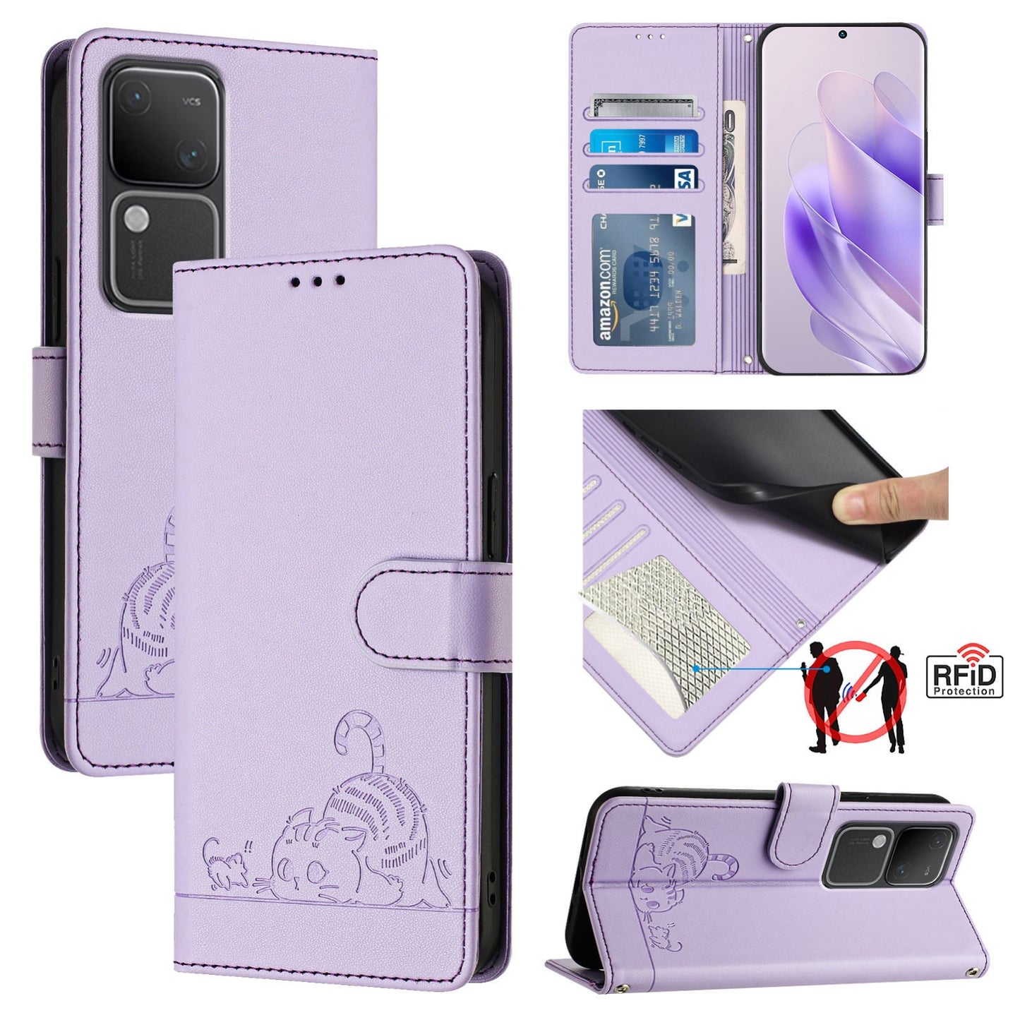 vivo V30 5G Global Cat and Rat Embossed Pattern, RFID Leather Phone Case with Lanyard, Kickstand, and Wallet Features