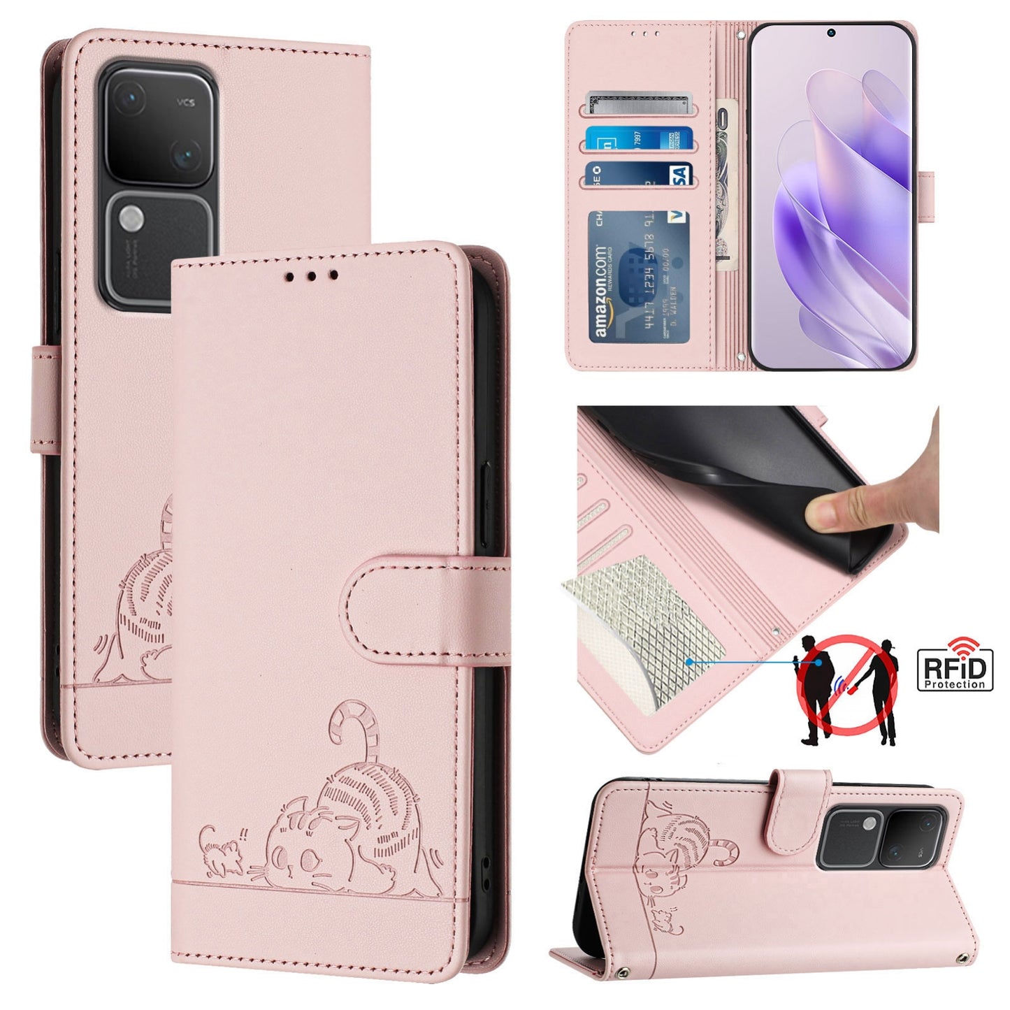 vivo V30 Pro 5G Global Cat and Rat Embossed Pattern, RFID Leather Phone Case with Lanyard, Kickstand, and Wallet Features