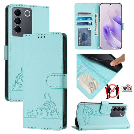 vivo V27 5G Global Cat and Rat Embossed Pattern, RFID Leather Phone Case with Lanyard, Kickstand, and Wallet Features