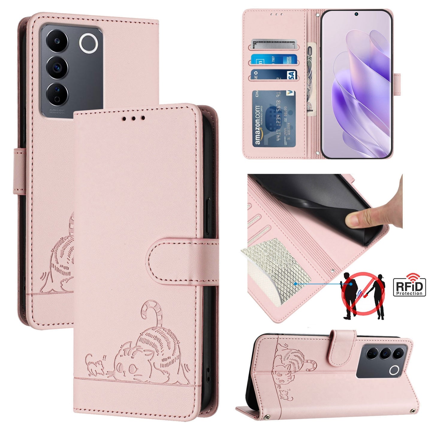 vivo V27 5G Global Cat and Rat Embossed Pattern, RFID Leather Phone Case with Lanyard, Kickstand, and Wallet Features