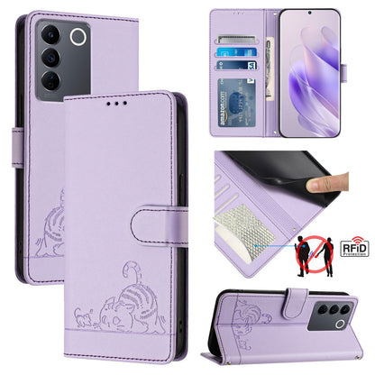 vivo V27 5G Global Cat and Rat Embossed Pattern, RFID Leather Phone Case with Lanyard, Kickstand, and Wallet Features