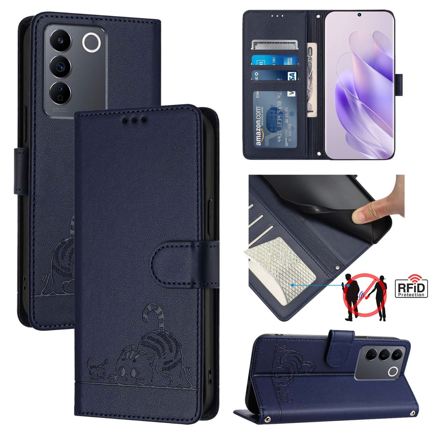 vivo V27E 4G Global Cat and Rat Embossed Pattern, RFID Leather Phone Case with Lanyard, Kickstand, and Wallet Features