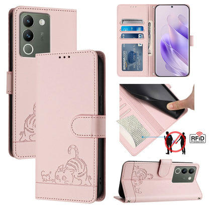 vivo V29E 5G Global Cat and Rat Embossed Pattern, RFID Leather Phone Case with Lanyard, Kickstand, and Wallet Features