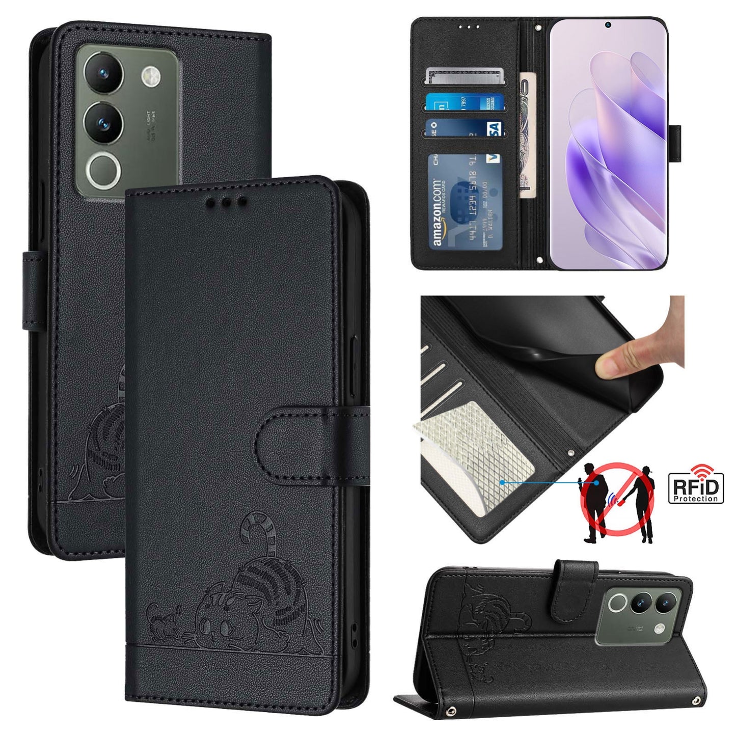 vivo V29E 5G Global Cat and Rat Embossed Pattern, RFID Leather Phone Case with Lanyard, Kickstand, and Wallet Features