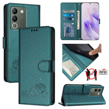 vivo V29E 5G Global Cat and Rat Embossed Pattern, RFID Leather Phone Case with Lanyard, Kickstand, and Wallet Features