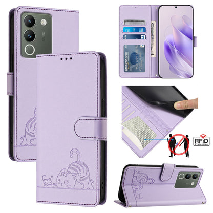 vivo V29E 5G Global Cat and Rat Embossed Pattern, RFID Leather Phone Case with Lanyard, Kickstand, and Wallet Features