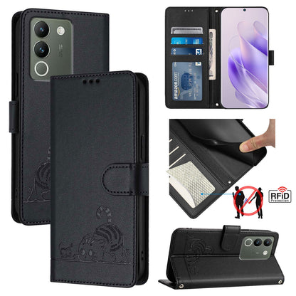 For vivo Y200 5G Global Cat and Rat Embossed Pattern, RFID Leather Phone Case with Lanyard, Kickstand, and Wallet Features
