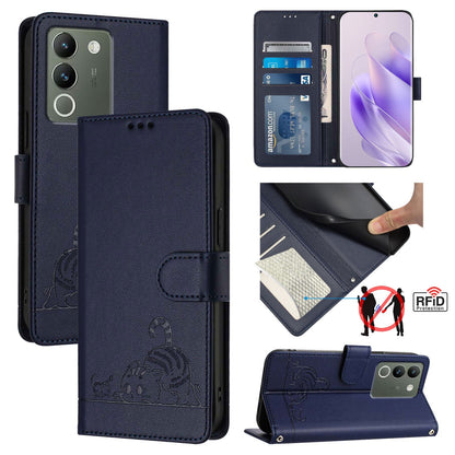 vivo V30 Lite 5G Global Cat and Rat Embossed Pattern, RFID Leather Phone Case with Lanyard, Kickstand, and Wallet Features