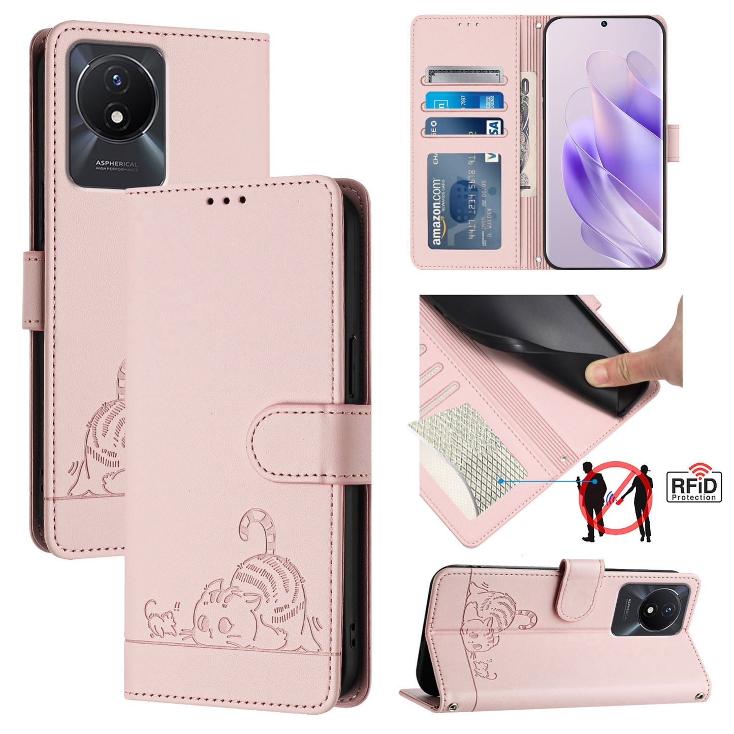 vivo Y02A 4G Cat and Rat Embossed Pattern, RFID Leather Phone Case with Lanyard, Kickstand, and Wallet Features