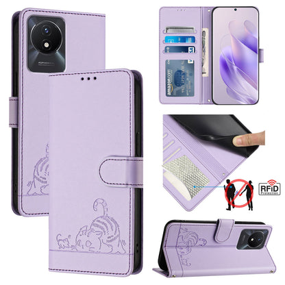 vivo Y02A 4G Cat and Rat Embossed Pattern, RFID Leather Phone Case with Lanyard, Kickstand, and Wallet Features