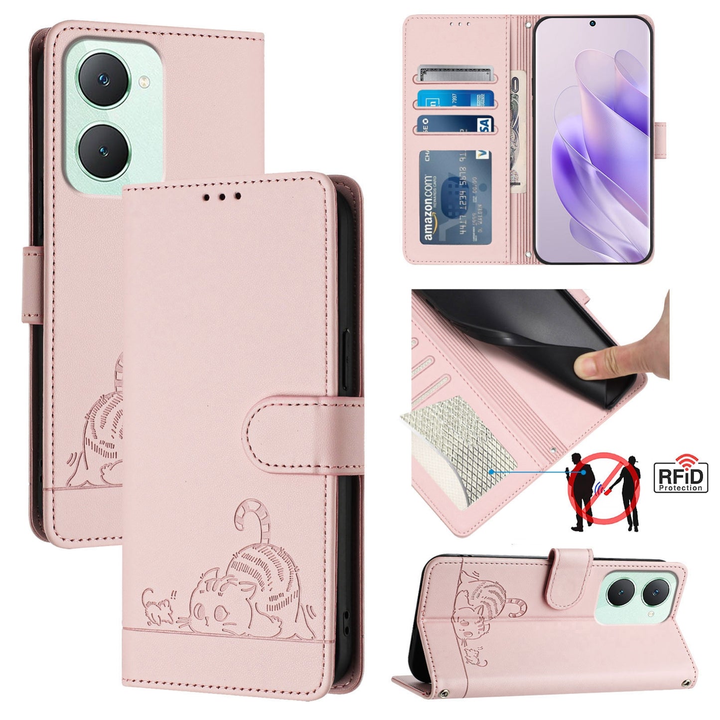 vivo Y03 4G Global Cat and Rat Embossed Pattern, RFID Leather Phone Case with Lanyard, Kickstand, and Wallet Features