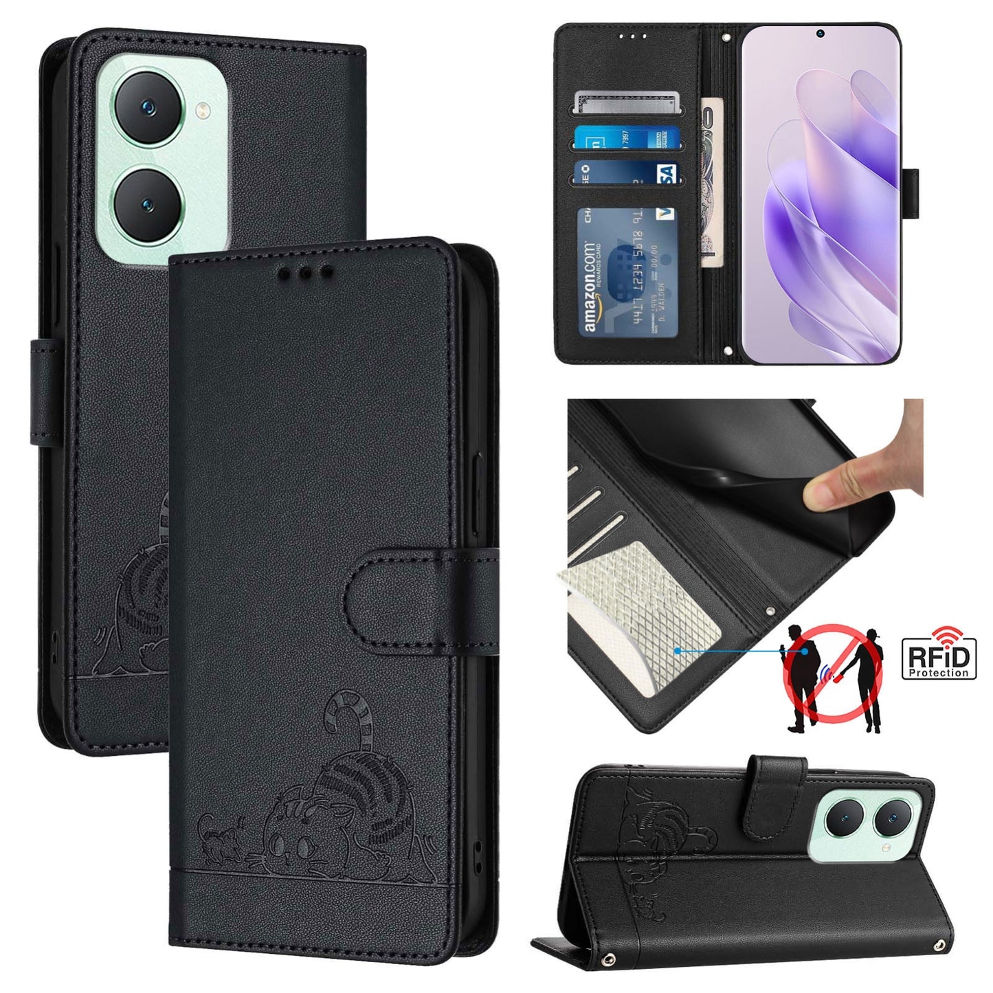 vivo Y03 4G Global Cat and Rat Embossed Pattern, RFID Leather Phone Case with Lanyard, Kickstand, and Wallet Features