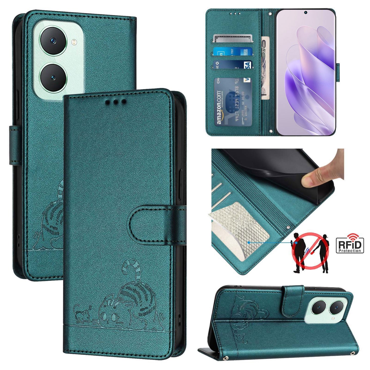 vivo Y03 4G Global Cat and Rat Embossed Pattern, RFID Leather Phone Case with Lanyard, Kickstand, and Wallet Features