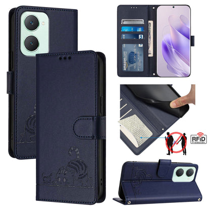 vivo Y03 4G Global Cat and Rat Embossed Pattern, RFID Leather Phone Case with Lanyard, Kickstand, and Wallet Features