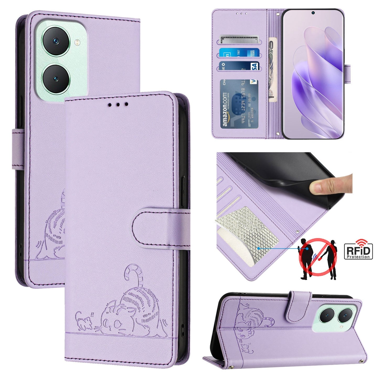 vivo Y03 4G Global Cat and Rat Embossed Pattern, RFID Leather Phone Case with Lanyard, Kickstand, and Wallet Features