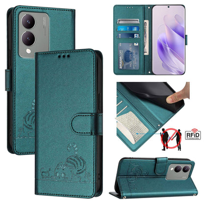 vivo Y17S 4G Global Cat and Rat Embossed Pattern, RFID Leather Phone Case with Lanyard, Kickstand, and Wallet Features