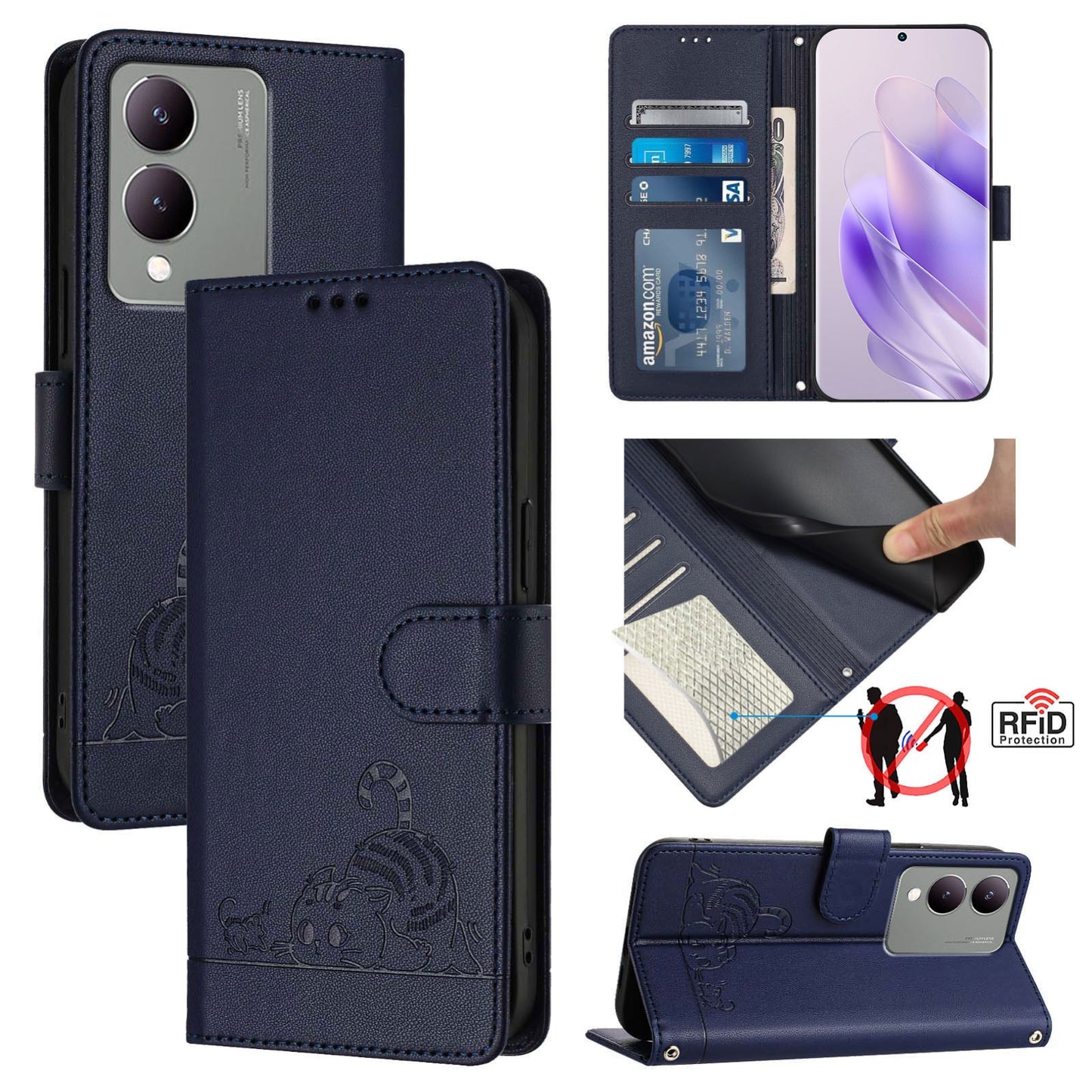 vivo Y17S 4G Global Cat and Rat Embossed Pattern, RFID Leather Phone Case with Lanyard, Kickstand, and Wallet Features