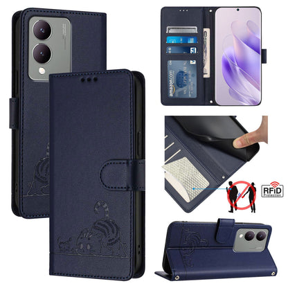 vivo Y17S 4G Global Cat and Rat Embossed Pattern, RFID Leather Phone Case with Lanyard, Kickstand, and Wallet Features