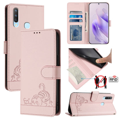 vivo Y17 Cat and Rat Embossed Pattern, RFID Leather Phone Case with Lanyard, Kickstand, and Wallet Features