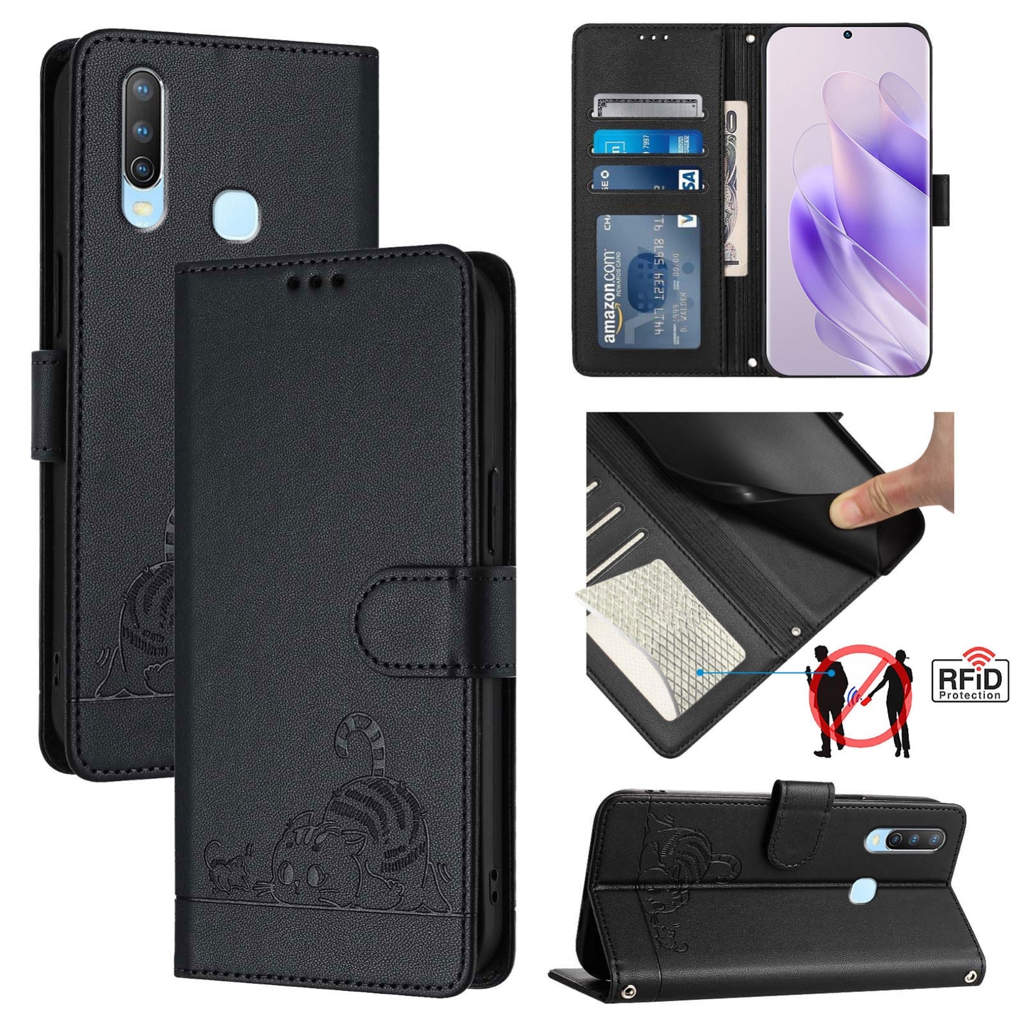 vivo Y11 Cat and Rat Embossed Pattern, RFID Leather Phone Case with Lanyard, Kickstand, and Wallet Features