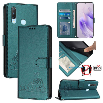 vivo Y17 Cat and Rat Embossed Pattern, RFID Leather Phone Case with Lanyard, Kickstand, and Wallet Features