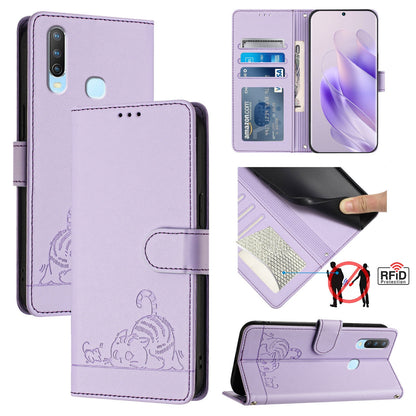 vivo Y17 Cat and Rat Embossed Pattern, RFID Leather Phone Case with Lanyard, Kickstand, and Wallet Features