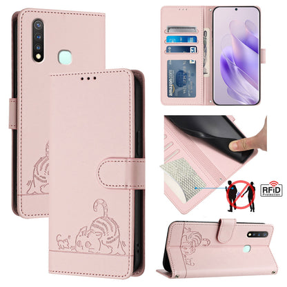 vivo Y5S Cat and Rat Embossed Pattern, RFID Leather Phone Case with Lanyard, Kickstand, and Wallet Features