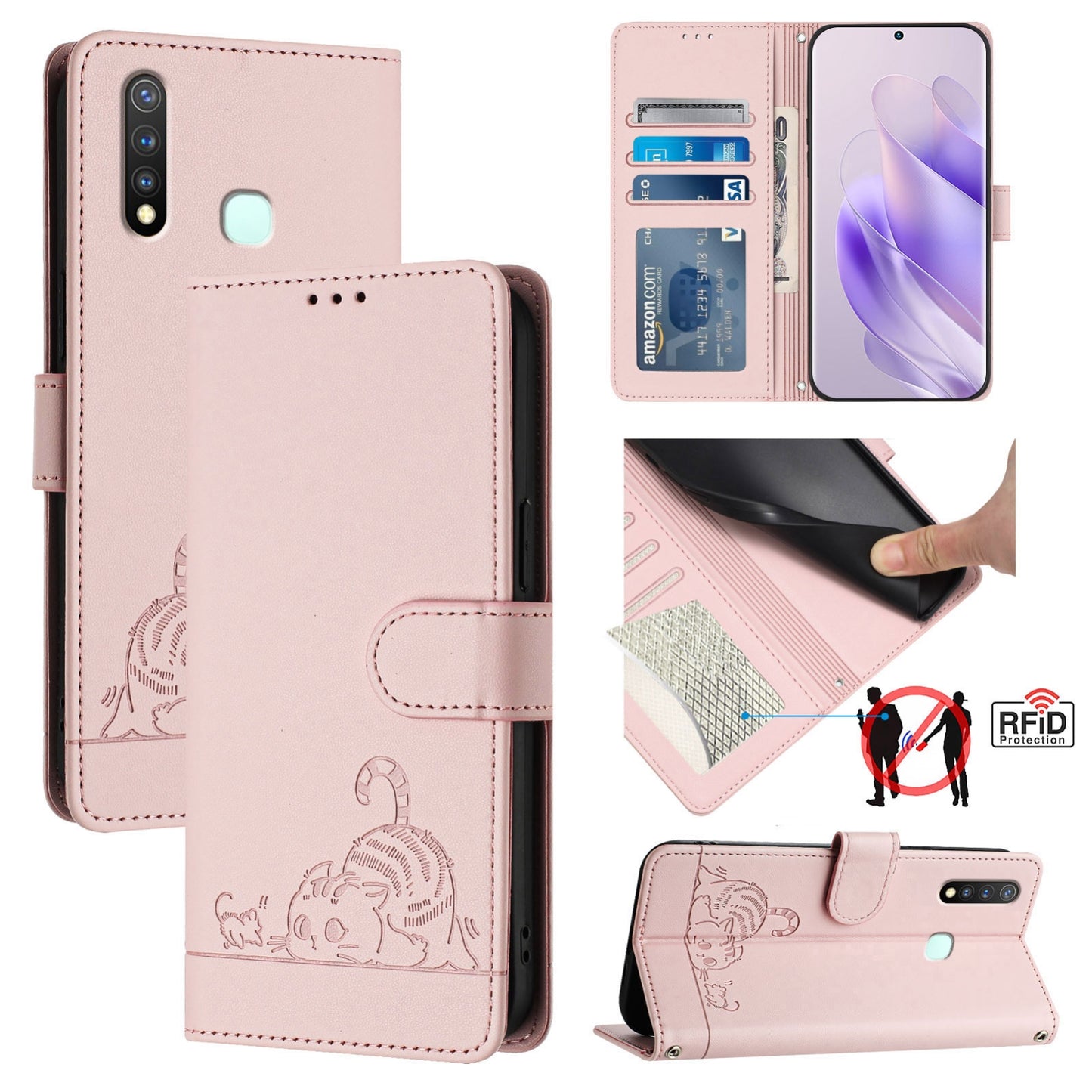 vivo Z5i Cat and Rat Embossed Pattern, RFID Leather Phone Case with Lanyard, Kickstand, and Wallet Features